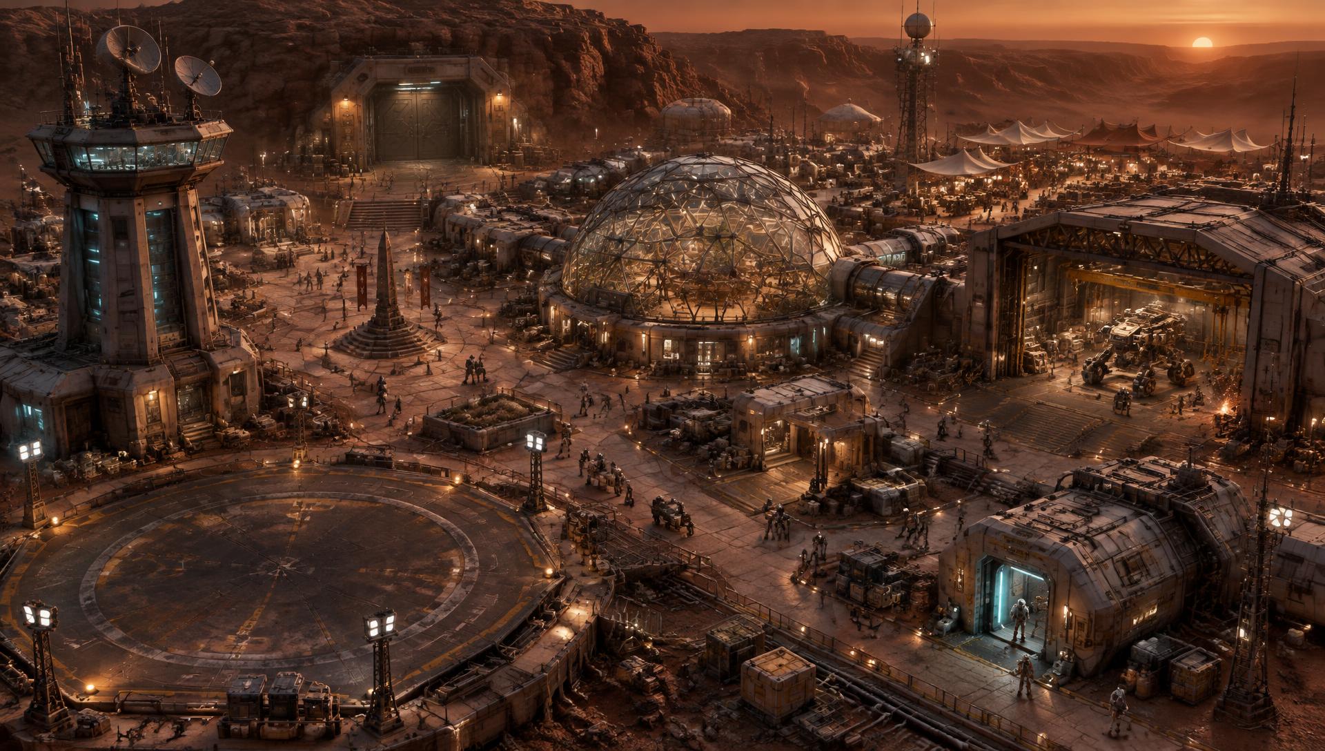 An inhabited GROKX colony at dusk on Mars